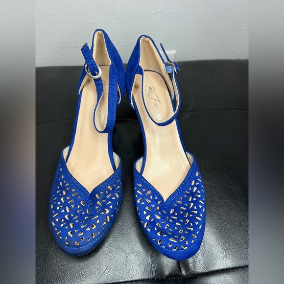 Forever Royal Blue Laser-Cut Ankle-Strap Mid Heels - Picture 5 of 5